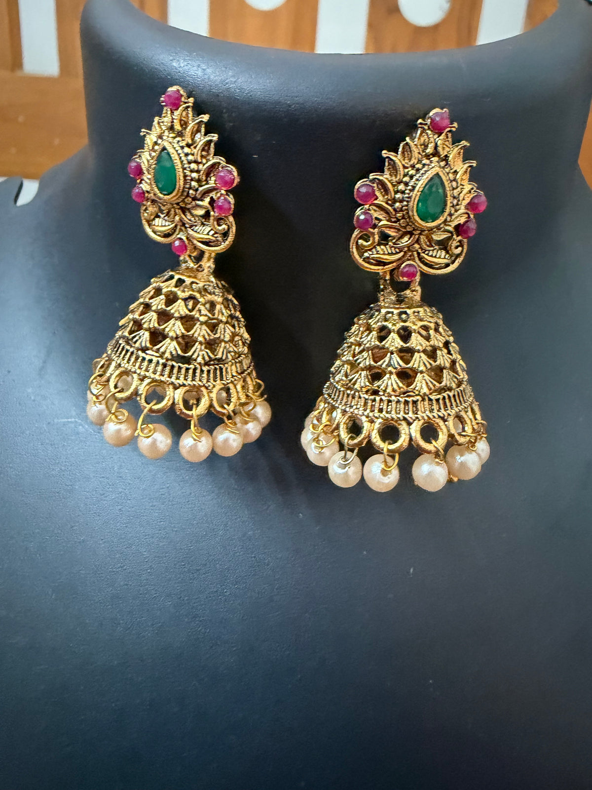 Temple jewelry Jhumka with green center stone and pearl hanging