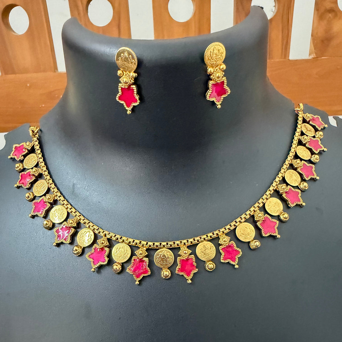 Lakshmi coin necklace designer set Rani pink