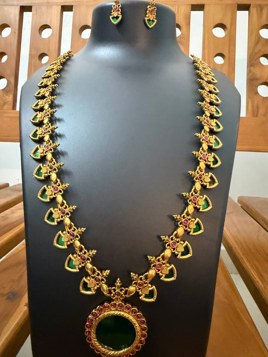 Green Palakka Long Haram with Big Stone Pendant - Ruby & Green Temple Bridal Set