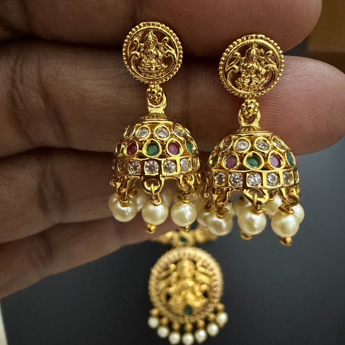 Mahalakshmi Temple Necklace Set with Ruby, Emerald & Pearl Jhumkas