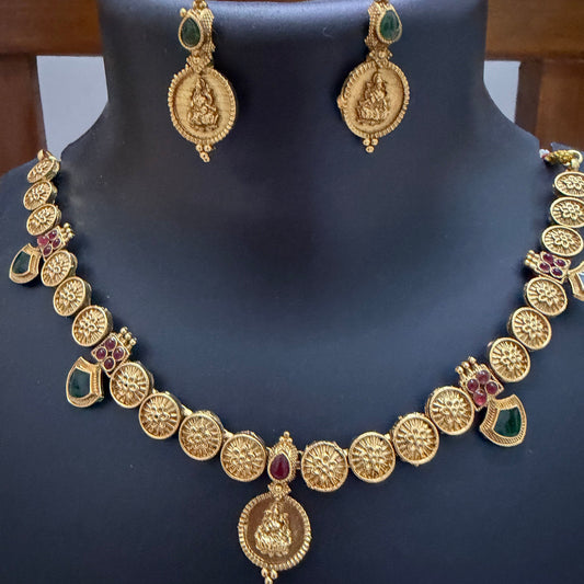 Antique Gold Lakshmi Kasina Mala Necklace Set with Emerald Green Palakka & Ruby Kemp Accents