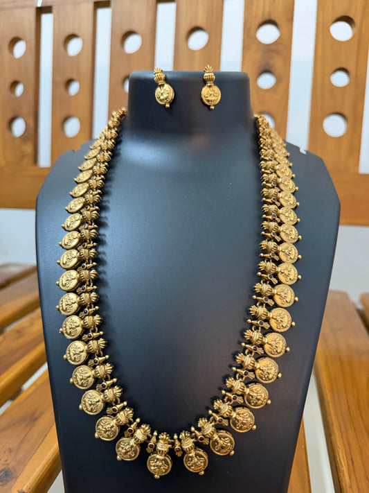 Lakshmi Kasu Long Haram with Lotus Flower Coins - Antique Gold Temple Bridal Set