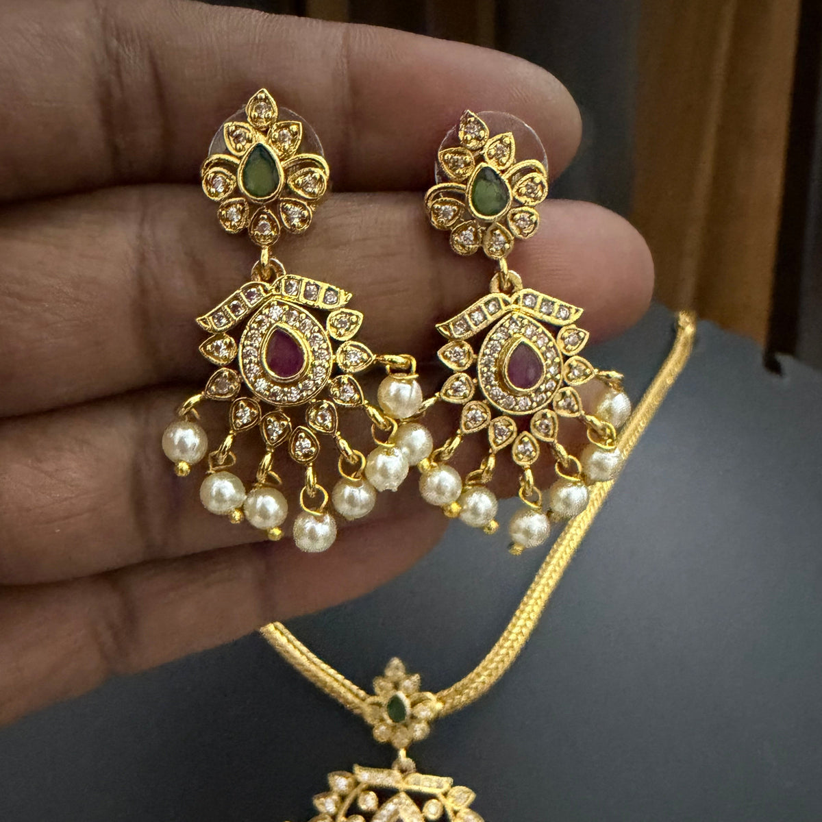 Ruby-Emerald Pearl Guttapusalu Pendant Set - Attigai Necklace with Earrings