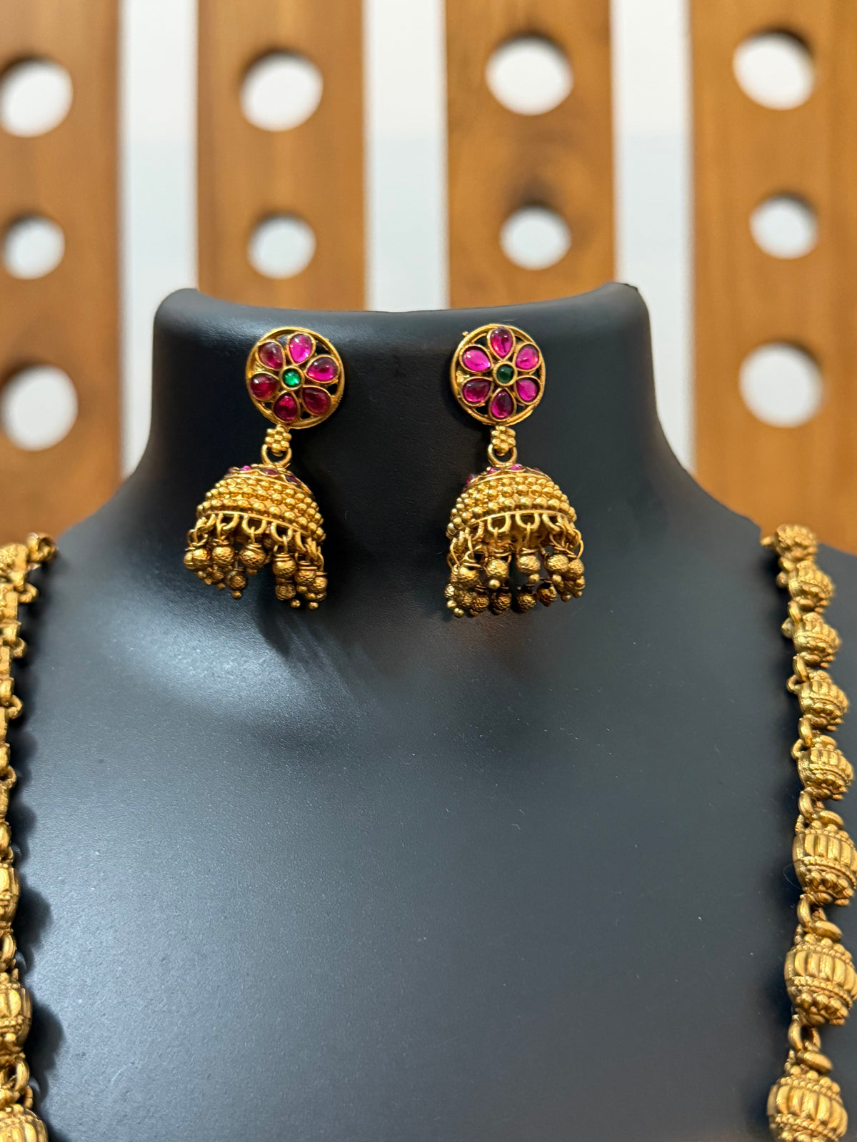 Gundu Ball Long Haram with Big Sunflower Pendant - Ruby Kemp Temple Jewellery Set