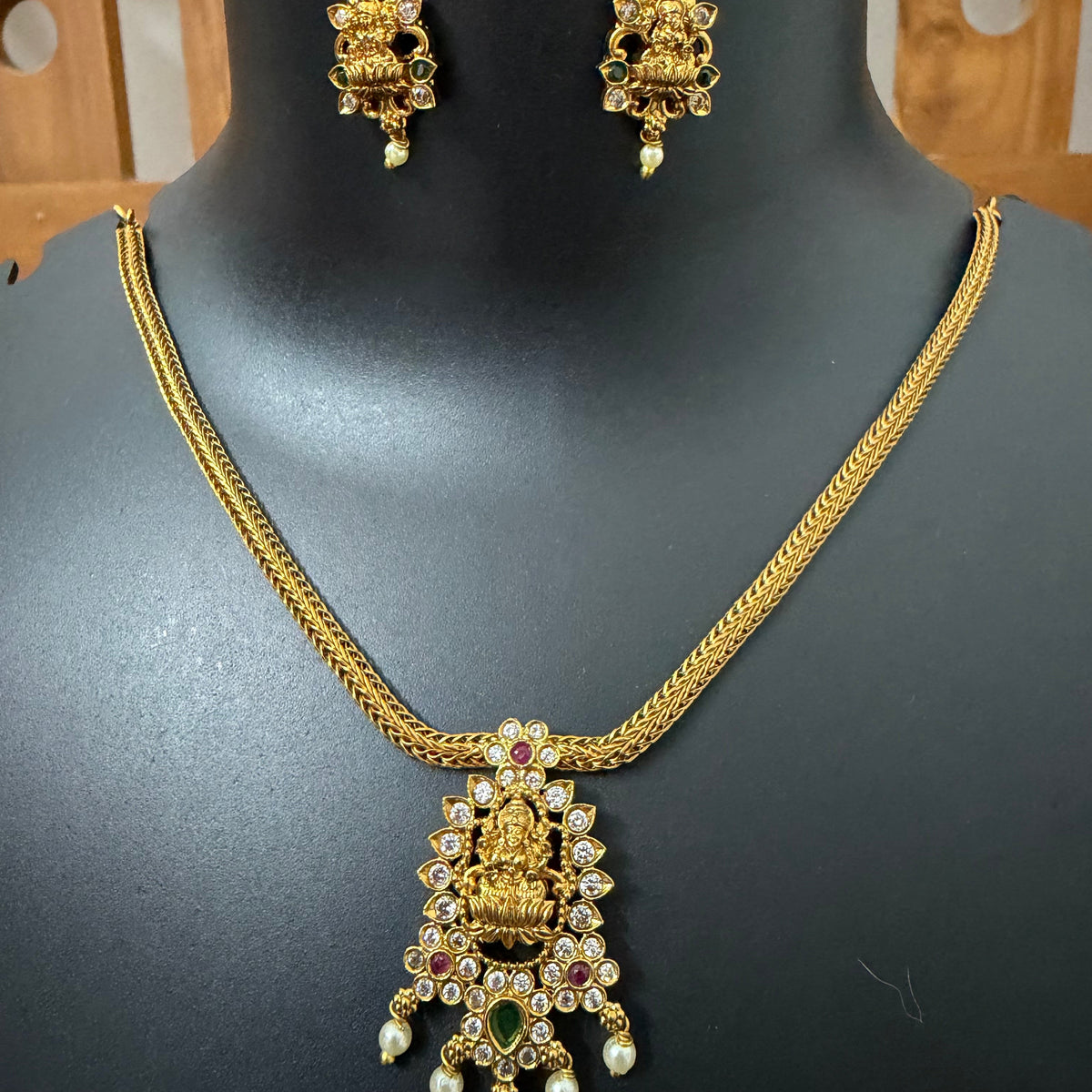 Aishwarya Lakshmi Attigai Necklace Set : Antique Gold Temple Jewellery with Earrings