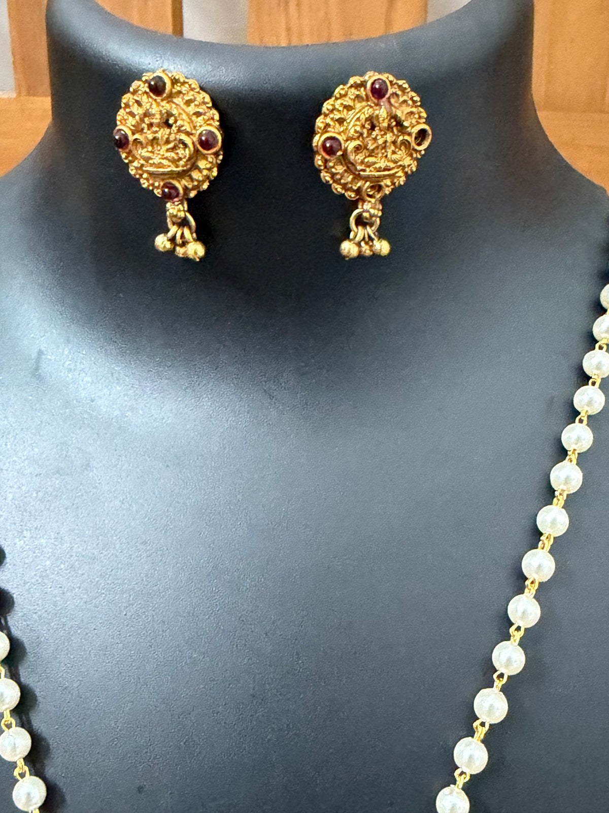 Green/Red Naga Long Haram with Big Pendant & Jhumka Earrings - 26 Inch Kerala Bridal Temple Naga Mala