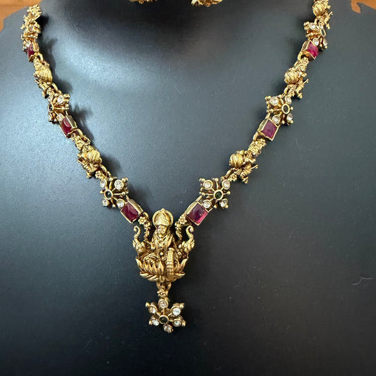 Gaja Lakshmi Bala Krishna Temple Necklace Set - Antique Kemp Ruby CZ