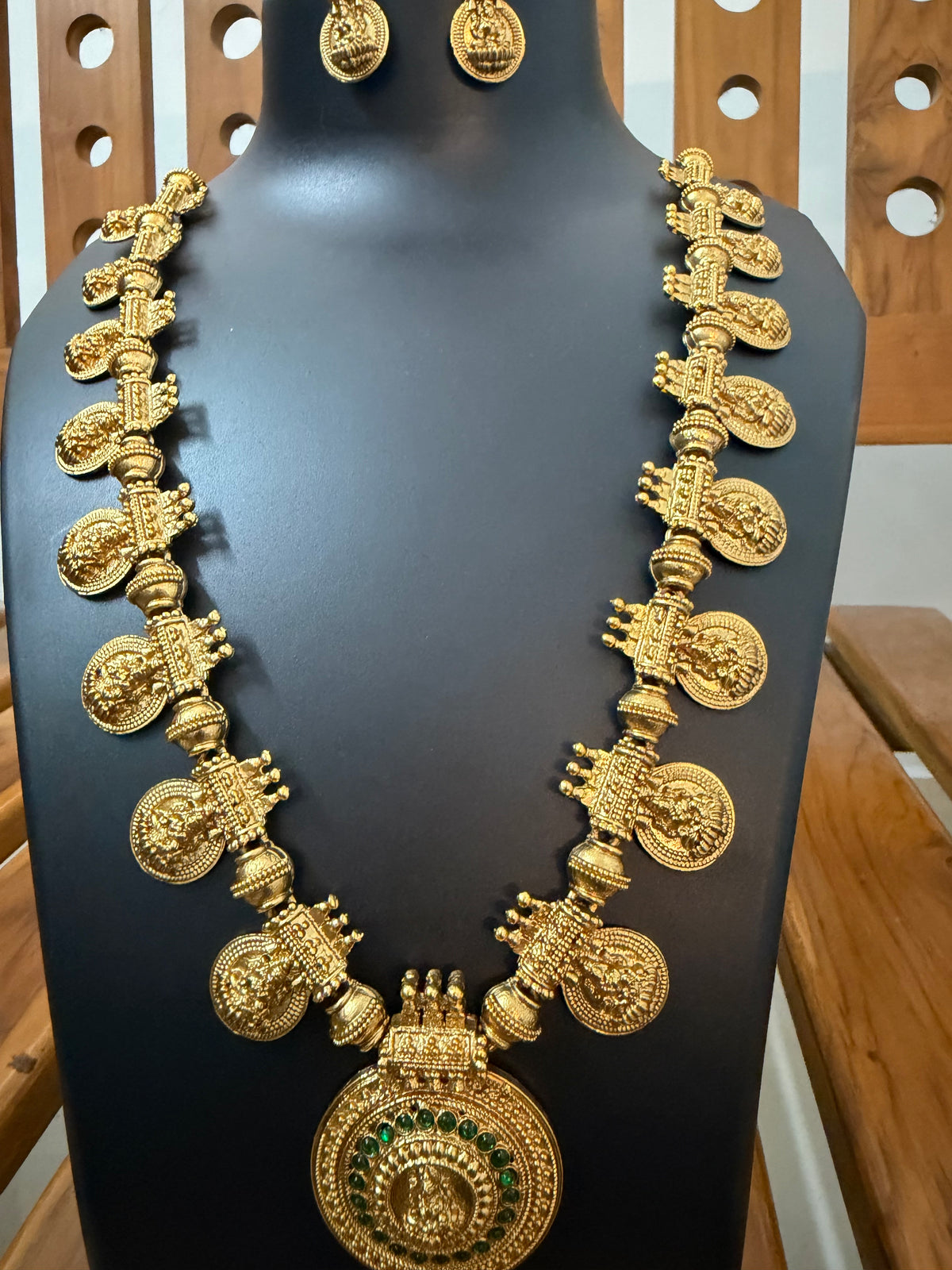 Premium Lakshmi Coin Haram - Big Round Lakshmi Pendant with Ruby Kemp