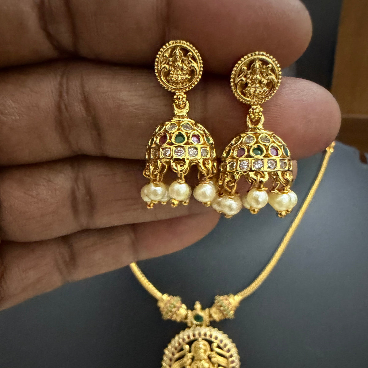 Mahalakshmi Temple Necklace Set with Ruby, Emerald & Pearl Jhumkas