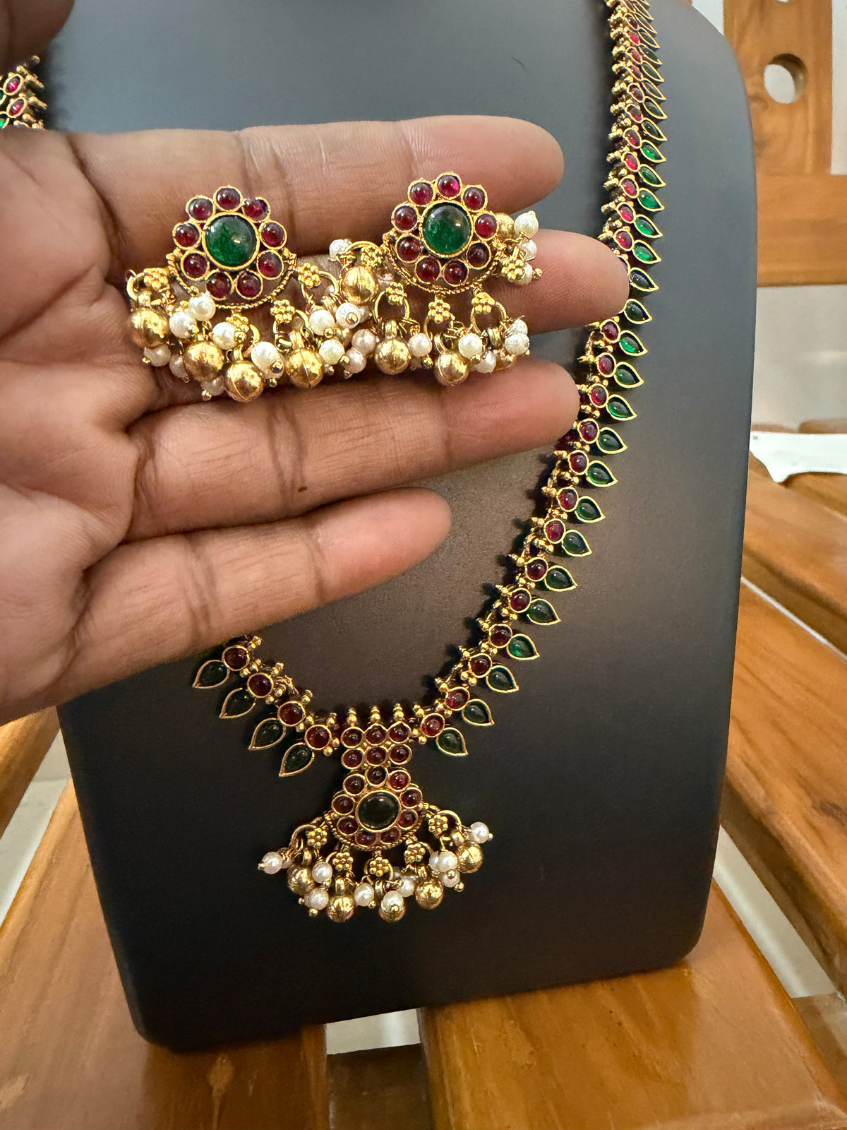 Mullai Kemp Long Haram Set - Red & Green Mango Leaf Temple Necklace withearrings