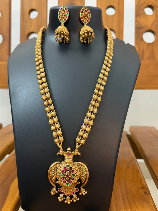 Gandaberunda haram - Double Headed Eagle Temple Long Haram with Kemp Jhumka