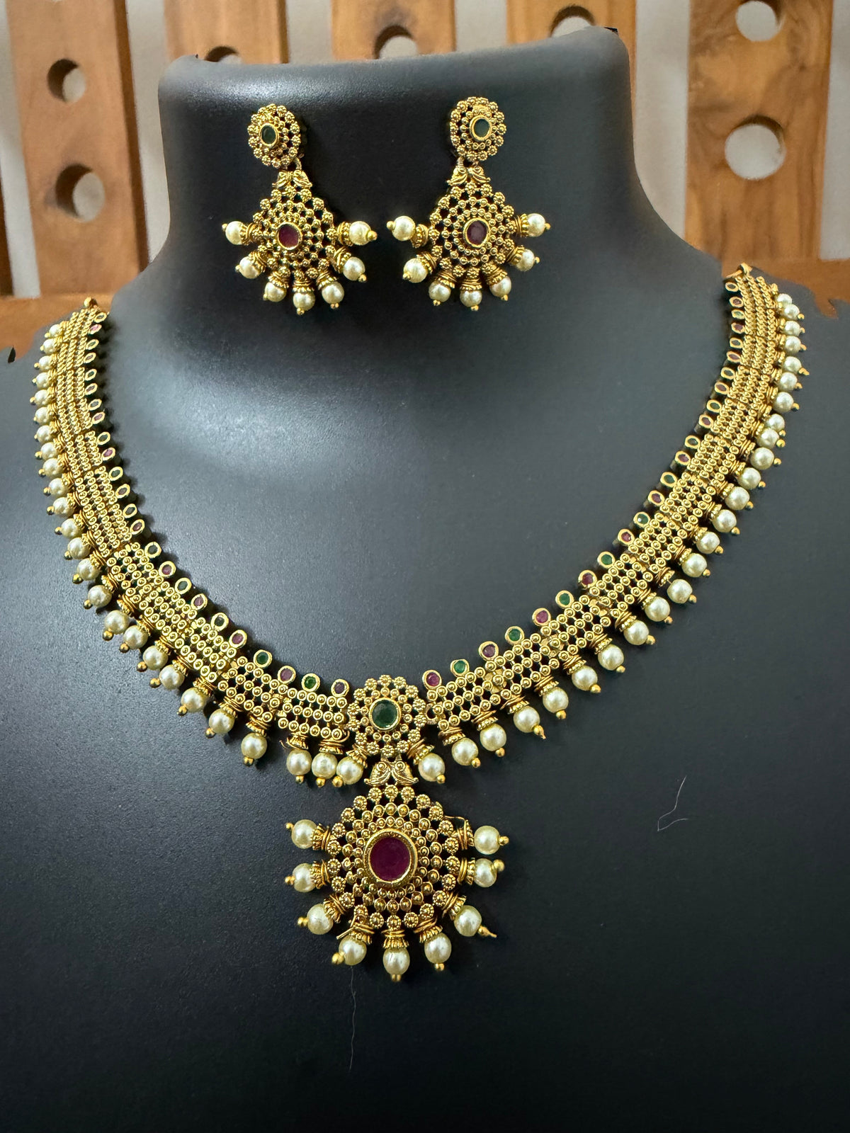 Pearl Bloom Antique Temple Necklace Set with Kemp Stones - Bridal Necklace Set