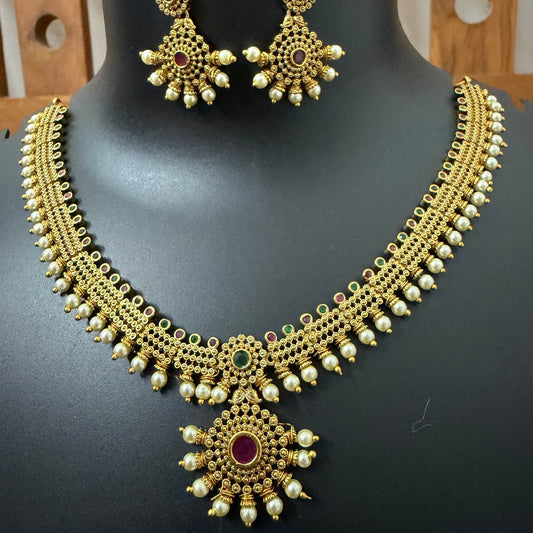 Pearl Bloom Antique Temple Necklace Set with Kemp Stones - Bridal Necklace Set