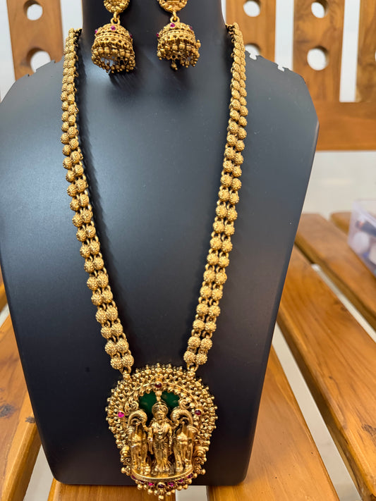 Gaja Lakshmi Temple Long Haram - Double Ball Chain with Big Elephant Lakshmi Pendant & Jhumka