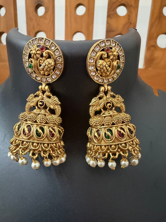 Peacock Antique Jhumka with pearl hanging Temple jewelry