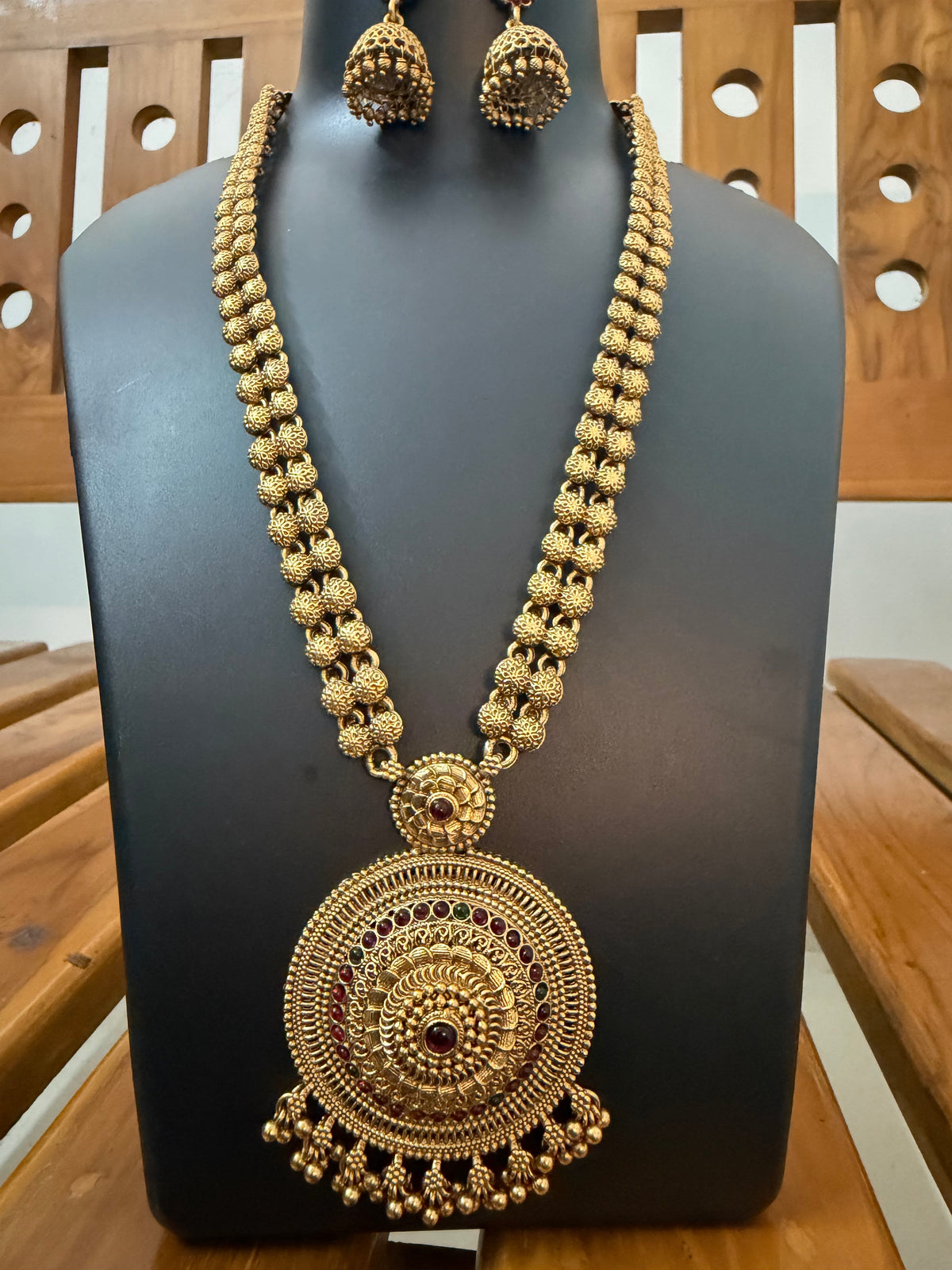 Double Flower Ball Long Haram with Big Round Pendant & Jhumka - Antique Temple Bridal Set