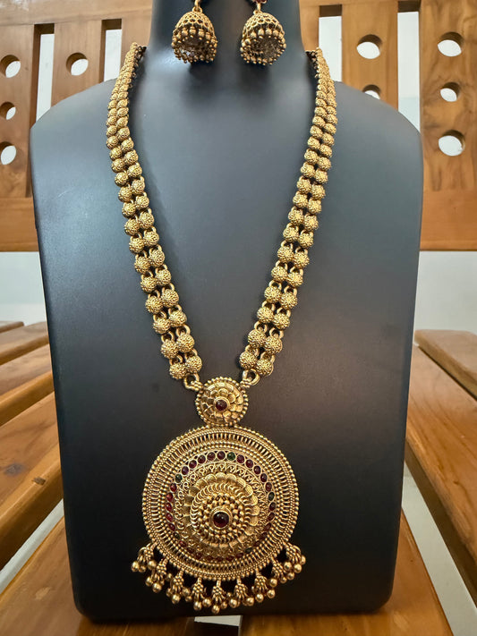 Double Flower Ball Long Haram with Big Round Pendant & Jhumka - Antique Temple Bridal Set