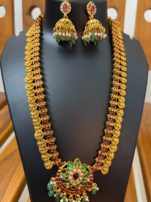 Ruby Kemp Lakshmi Coin Long Haram with Gaja Pendant & Jhumka - Premium Temple Jewellery