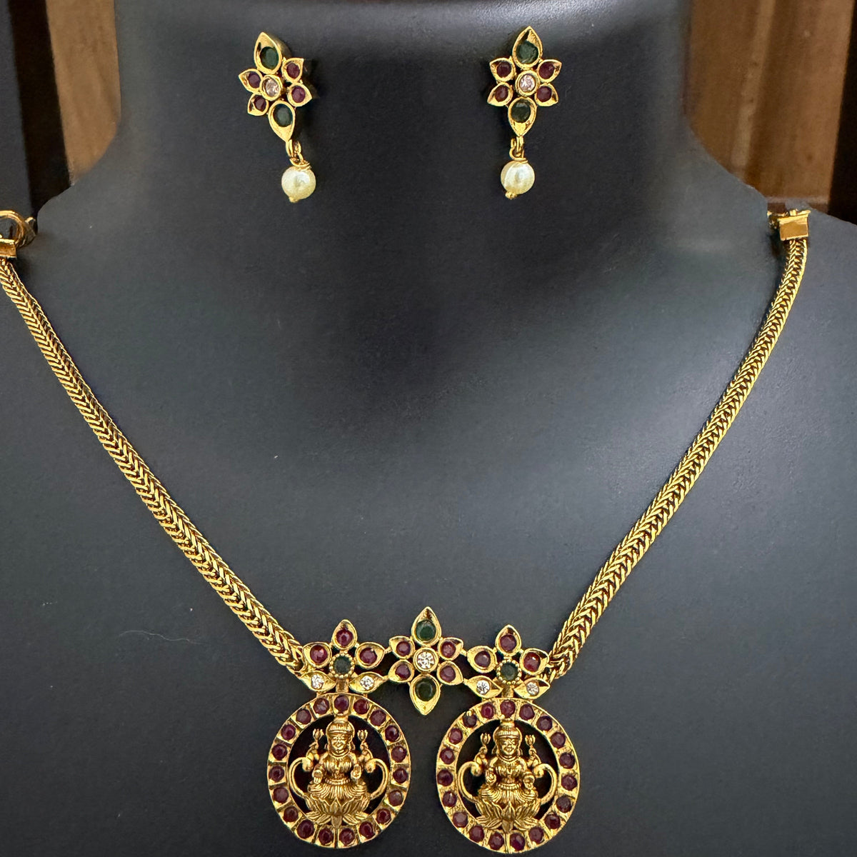 Sri Dhanalakshmi Dual Coin Temple Attigai Necklace Set with Earrings