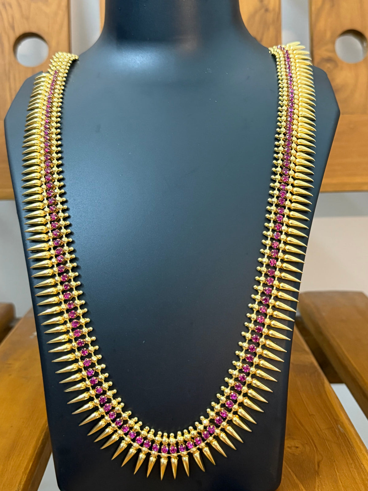 Kerala Pichimottu Long Haram 24-26 Inch with Ruby Stones - Traditional Spike Haram