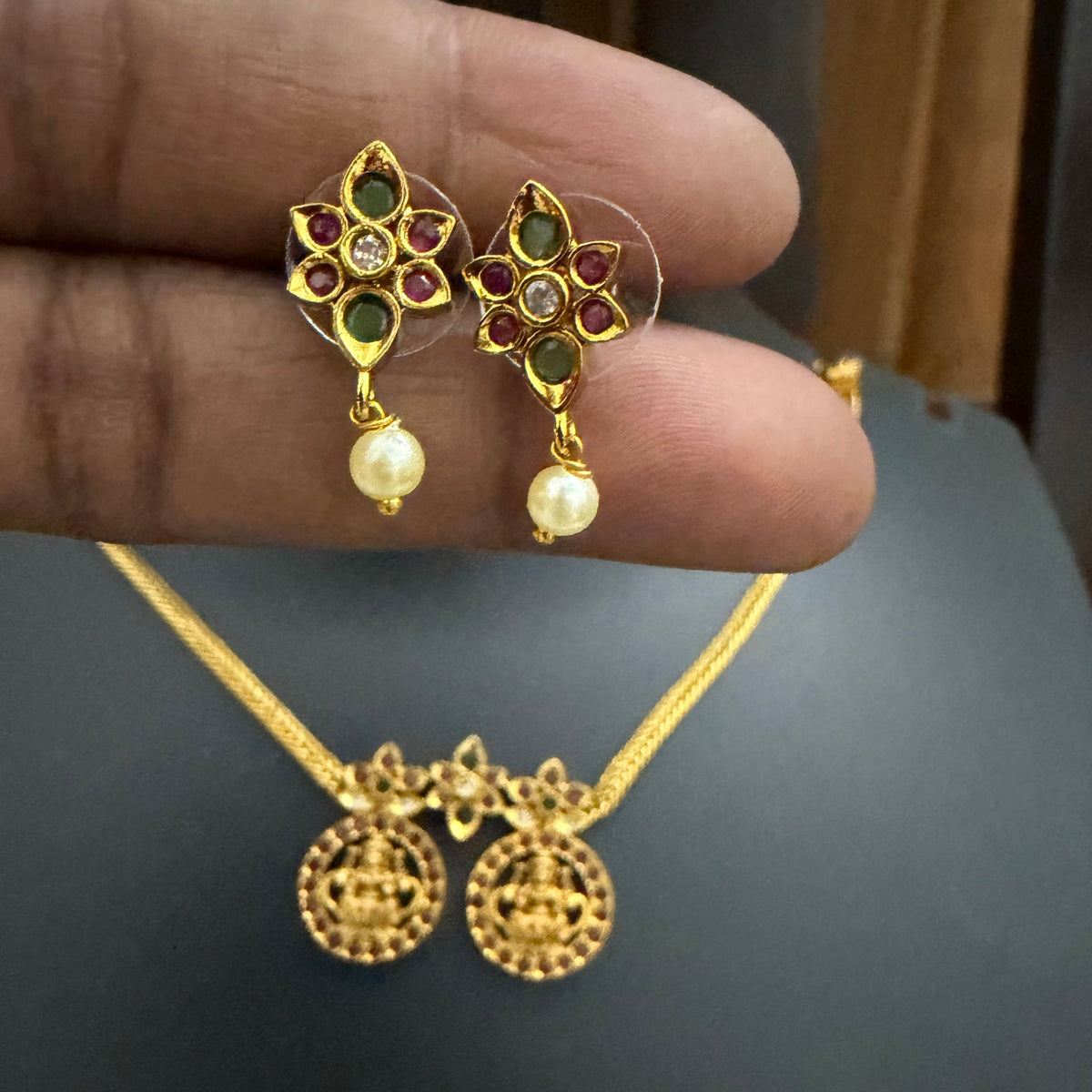 Sri Dhanalakshmi Dual Coin Temple Attigai Necklace Set with Earrings