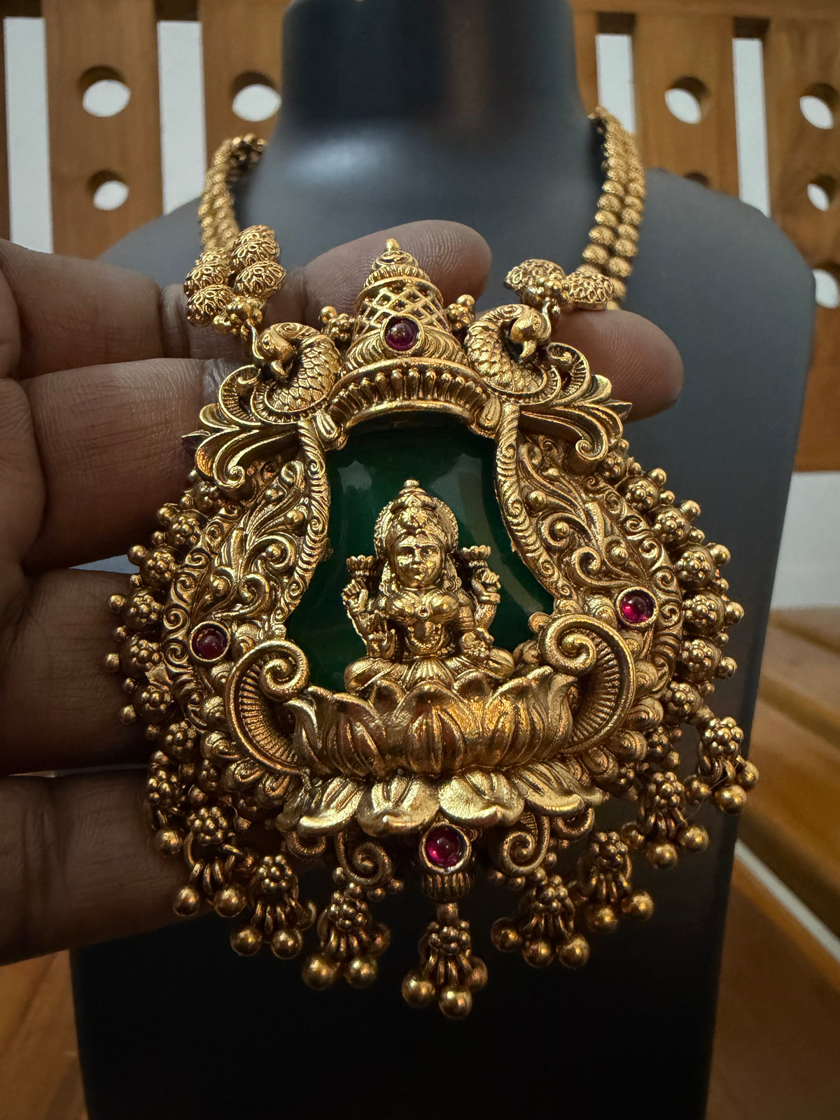 Lakshmi Peacock Arch Long Haram with Maroon Enamel Pendant & Heavy Jhumka - Premium Temple Bridal Set