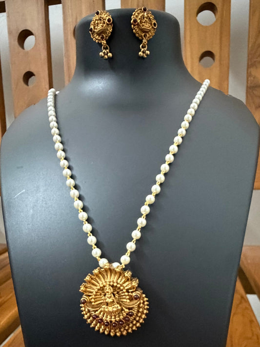 Green/Red Naga Long Haram with Big Pendant & Jhumka Earrings - 26 Inch Kerala Bridal Temple Naga Mala