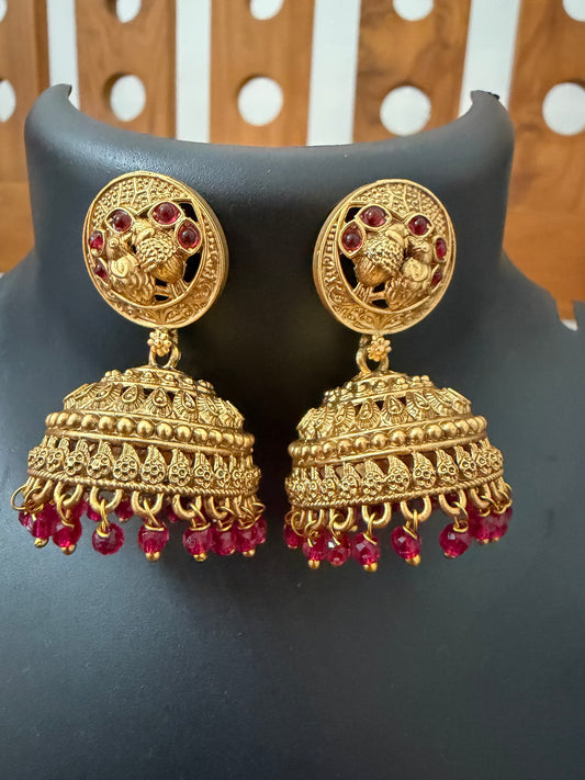 Jhumka with round stud with red beads - temple jewelry