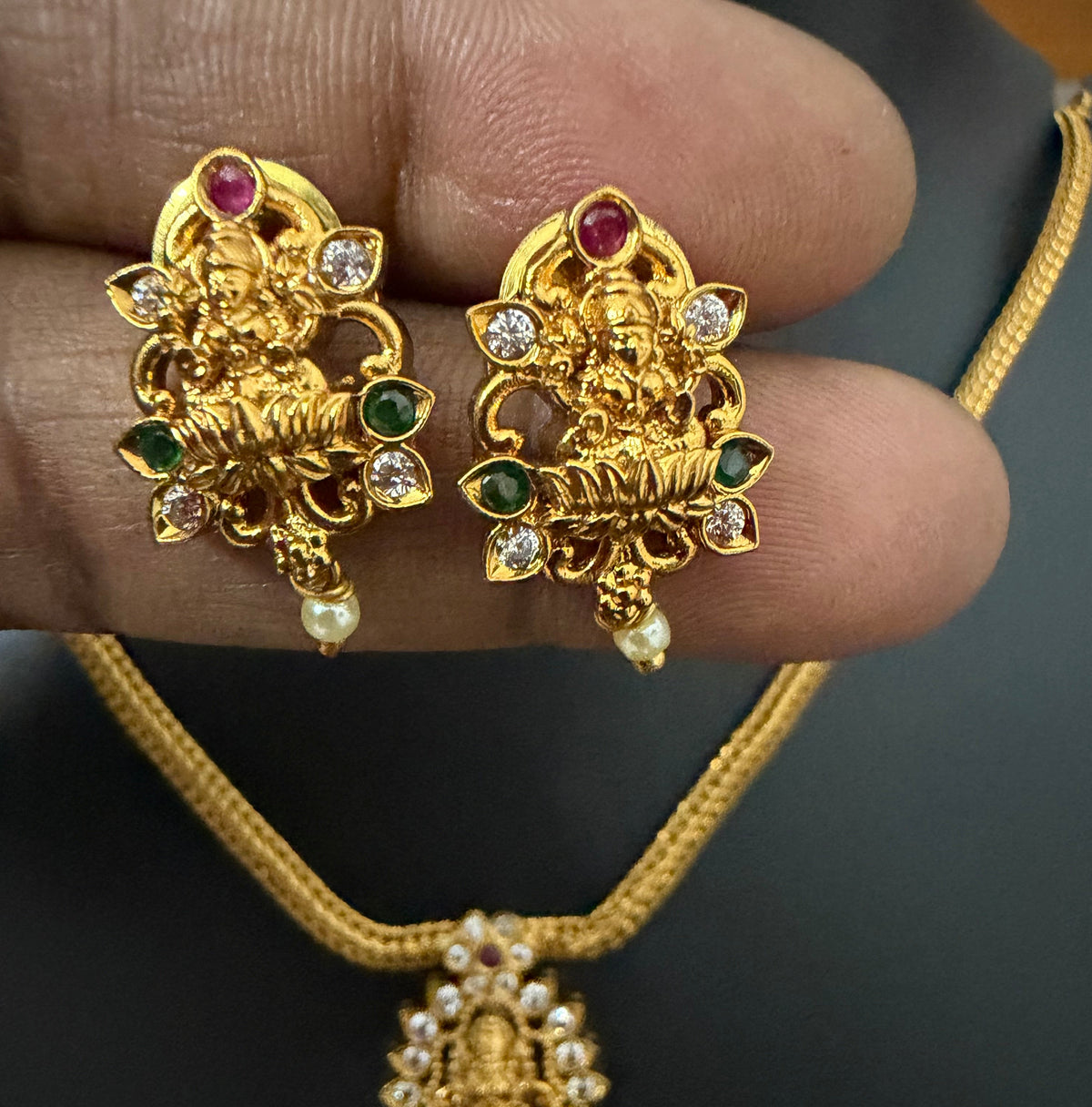 Aishwarya Lakshmi Attigai Necklace Set : Antique Gold Temple Jewellery with Earrings
