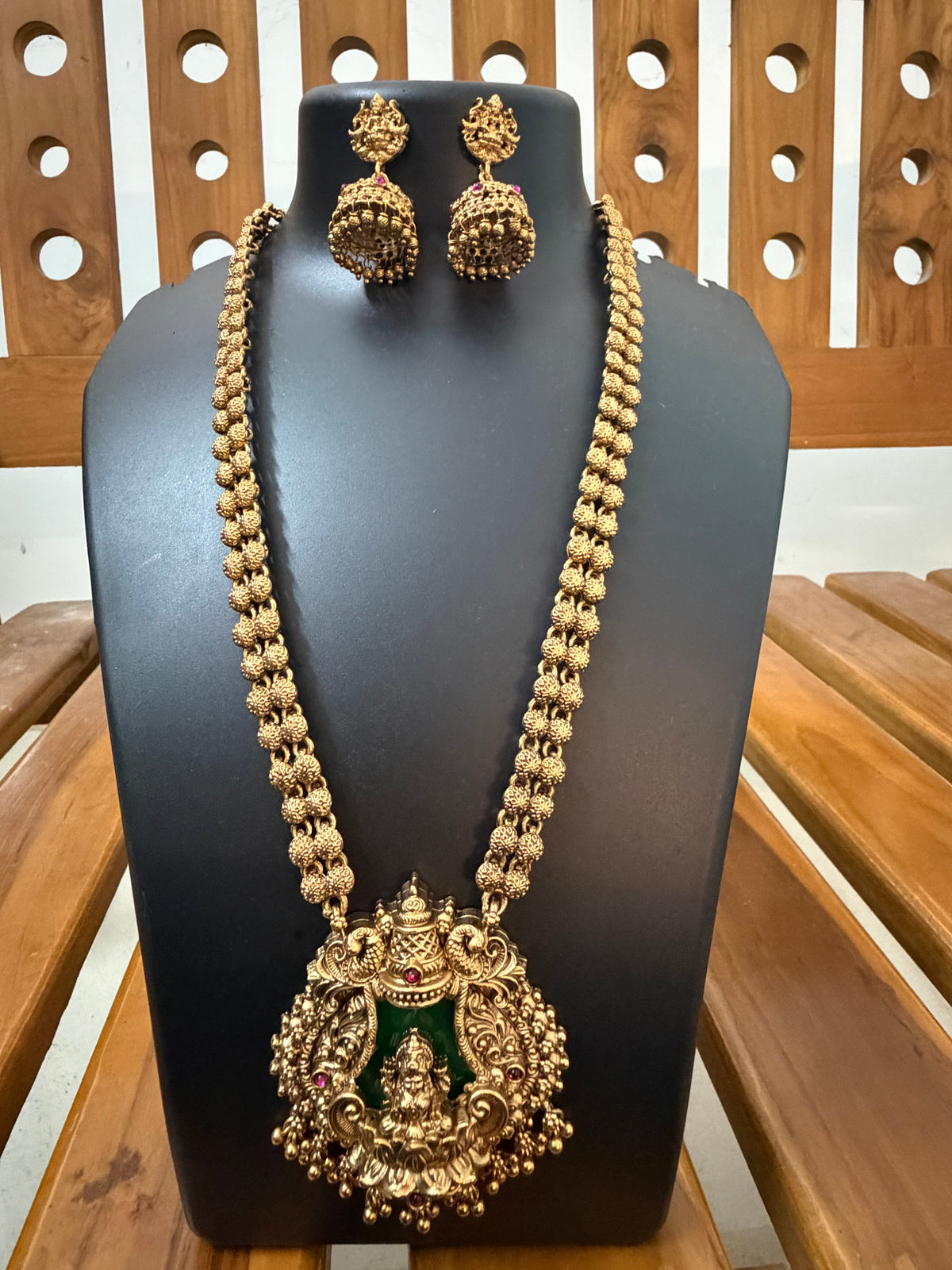 Lakshmi Peacock Arch Long Haram with Maroon Enamel Pendant & Heavy Jhumka - Premium Temple Bridal Set