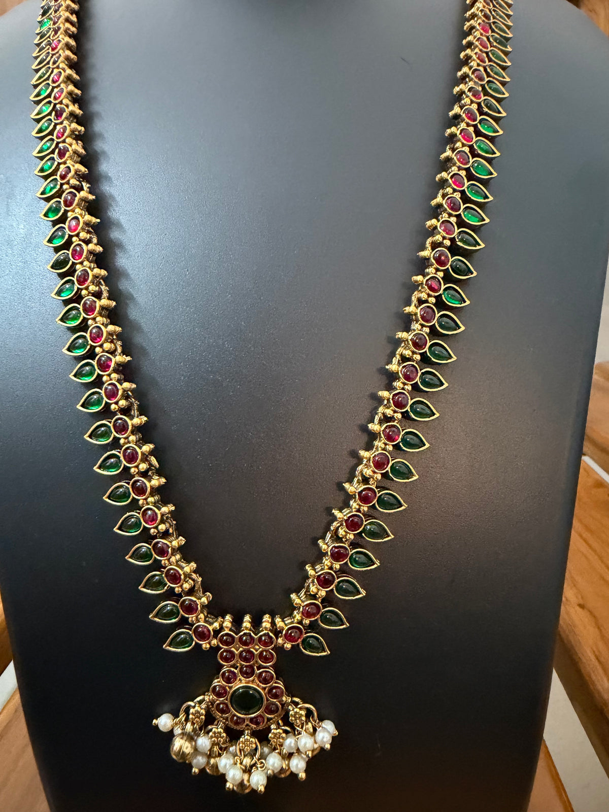 Mullai Kemp Long Haram Set - Red & Green Mango Leaf Temple Necklace withearrings