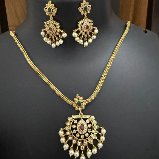 Ruby-Emerald Pearl Guttapusalu Pendant Set - Attigai Necklace with Earrings