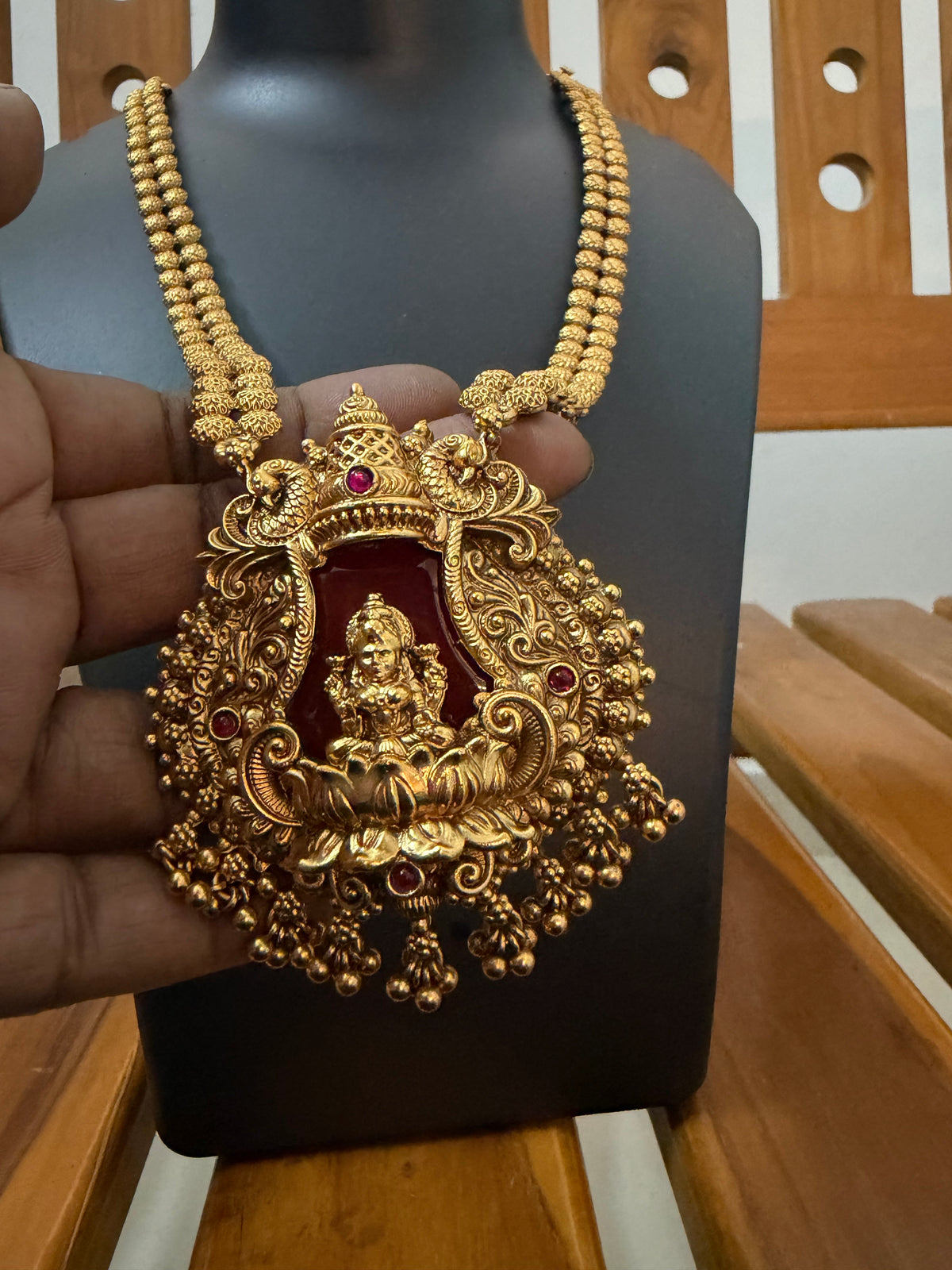 Lakshmi Peacock Arch Long Haram with Maroon Enamel Pendant & Heavy Jhumka - Premium Temple Bridal Set