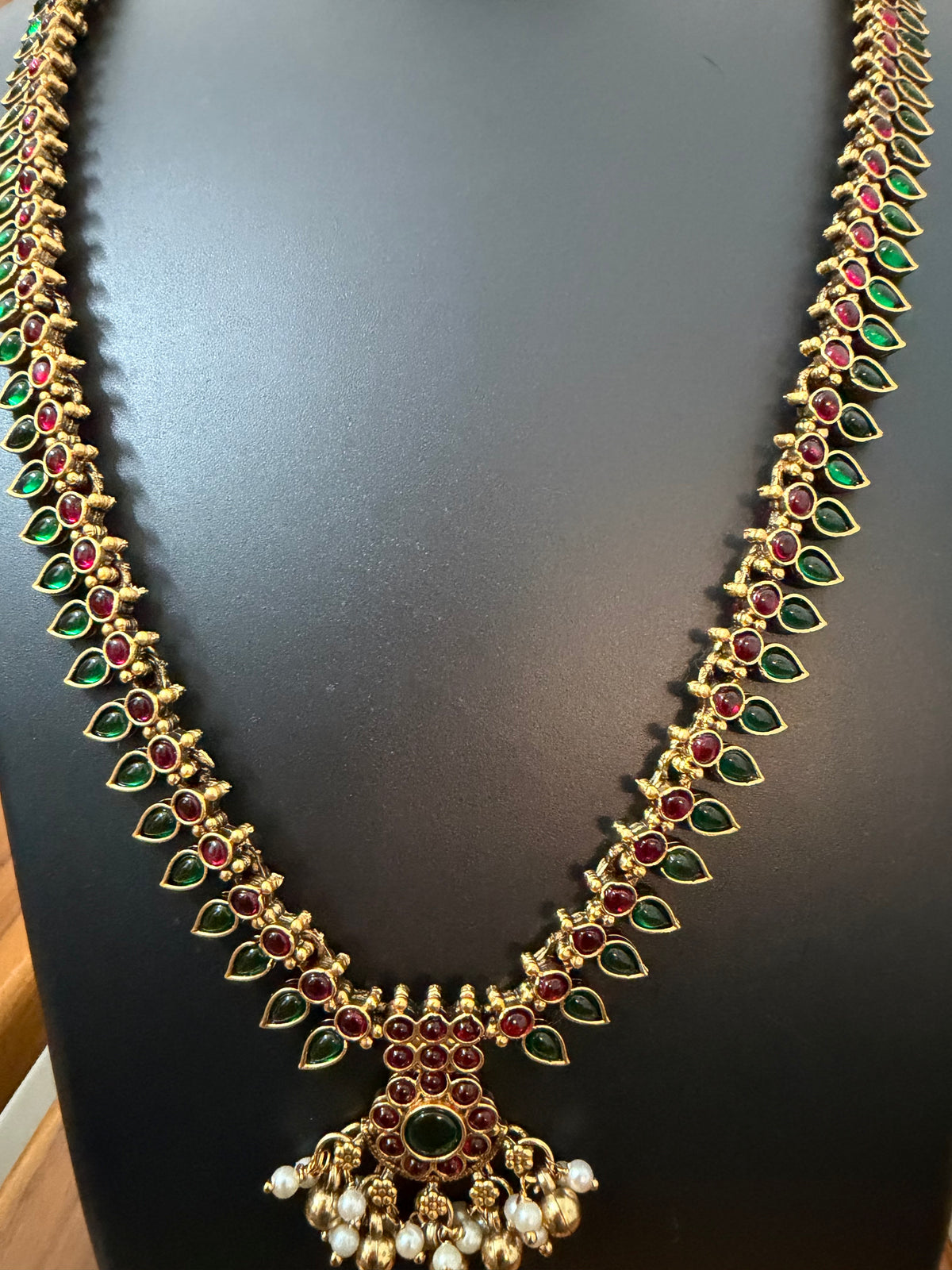Mullai Kemp Long Haram Set - Red & Green Mango Leaf Temple Necklace withearrings
