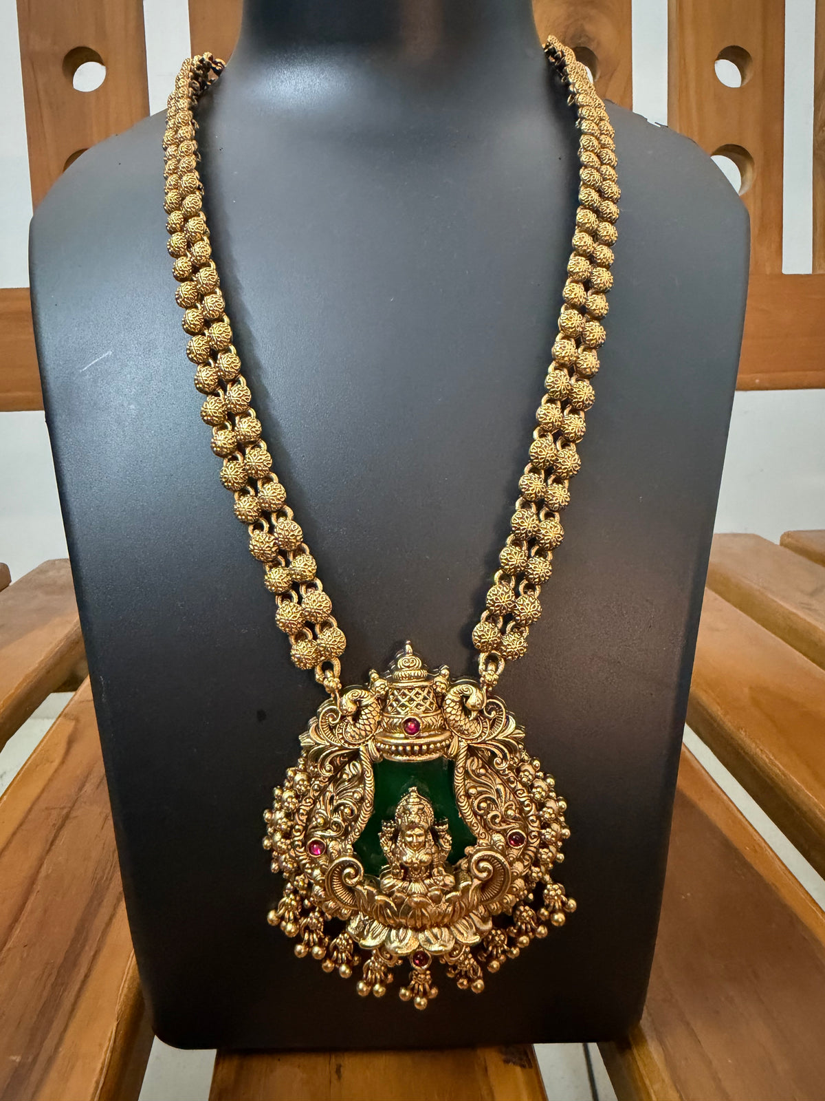 Lakshmi Peacock Arch Long Haram with Maroon Enamel Pendant & Heavy Jhumka - Premium Temple Bridal Set