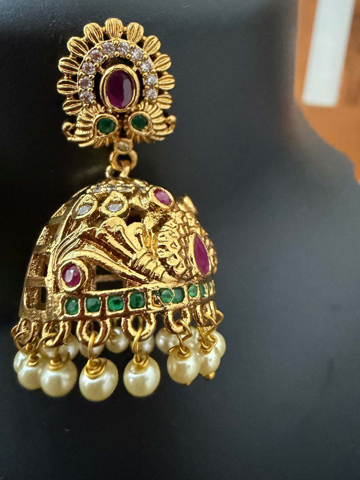 AD stone Jhumka with pearl hanging
