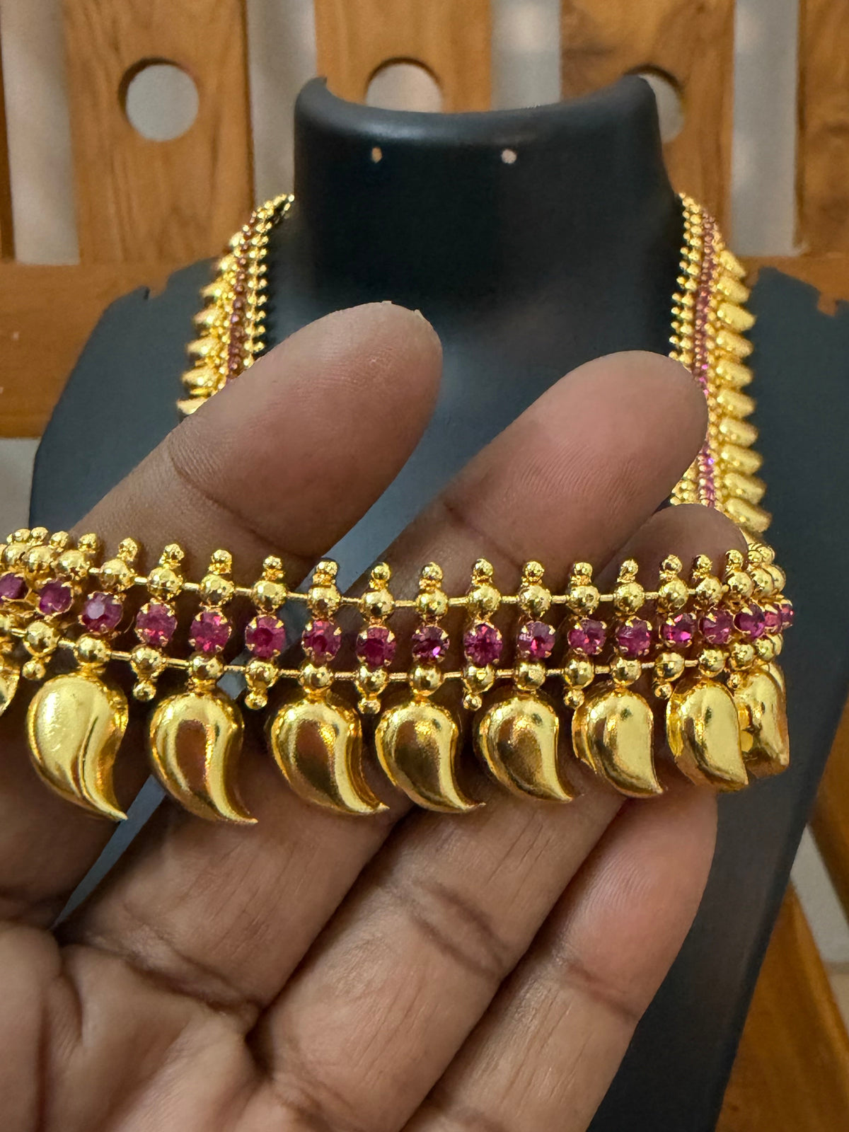 Kerala Mango Leaf Long Haram with Ruby Stones - Mambazha Maanga Mala Long Haram 24-26 Inch