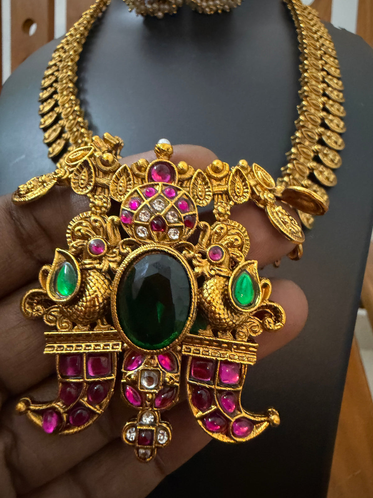 Ruby Kemp Lakshmi Coin Long Haram with Gaja Pendant & Jhumka - Premium Temple Jewellery
