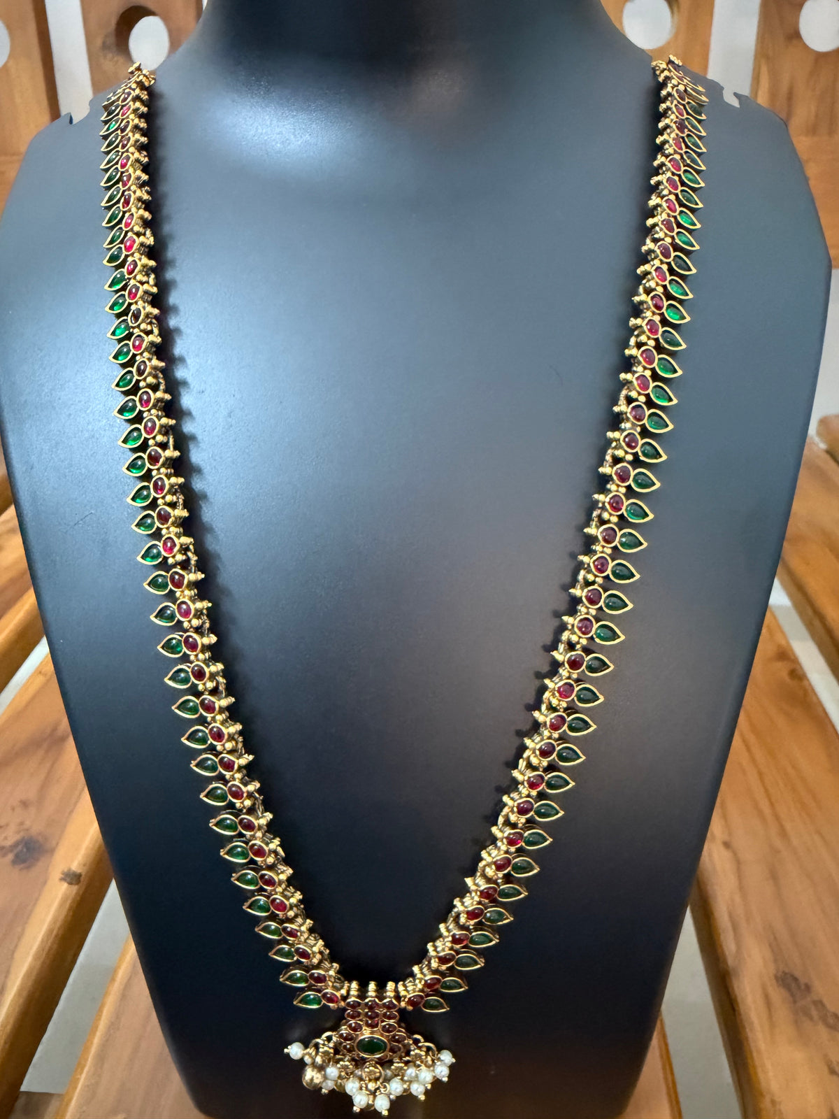 Mullai Kemp Long Haram Set - Red & Green Mango Leaf Temple Necklace withearrings
