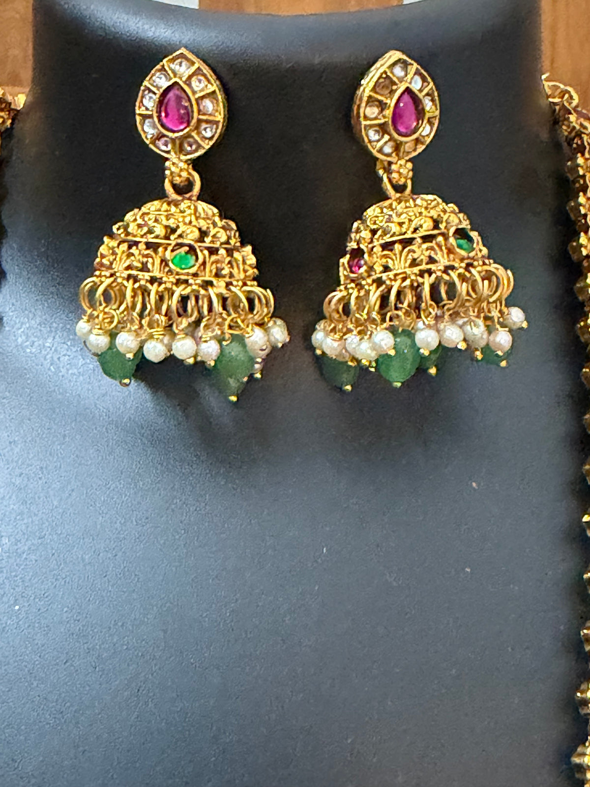Ruby Kemp Lakshmi Coin Long Haram with Gaja Pendant & Jhumka - Premium Temple Jewellery