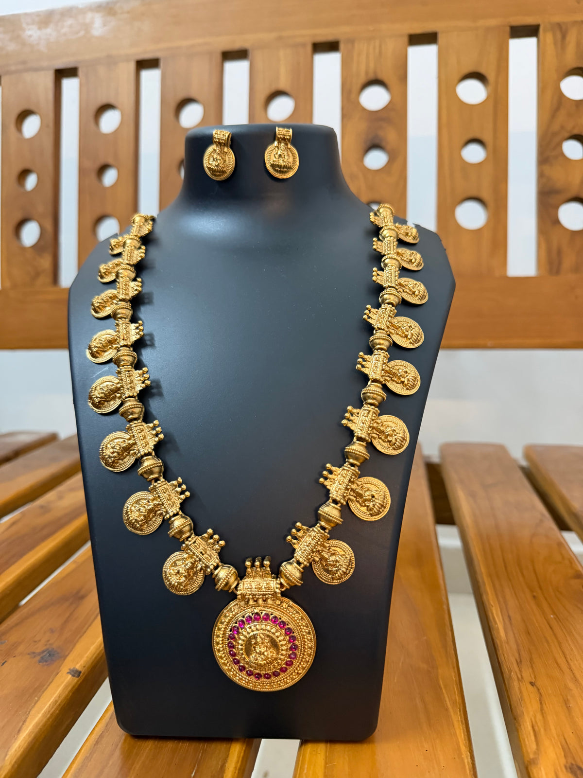 Premium Lakshmi Coin Haram - Big Round Lakshmi Pendant with Ruby Kemp