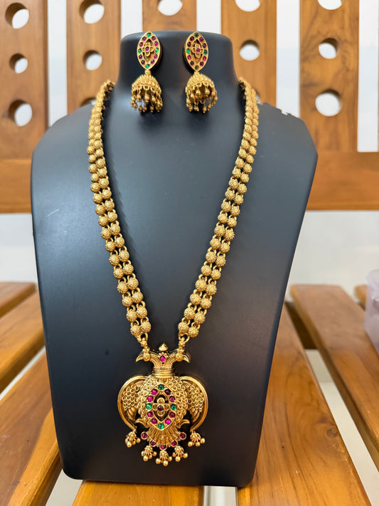 Gandaberunda haram - Double Headed Eagle Temple Long Haram with Kemp Jhumka