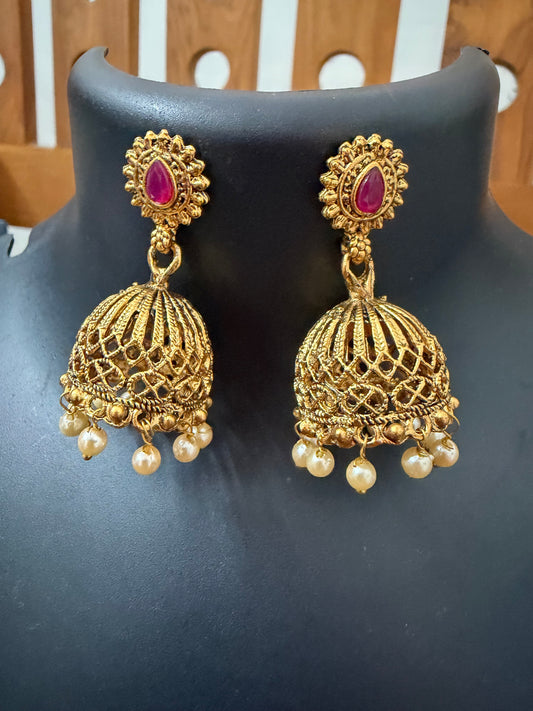Temple jewelry Jhumka with red center stone and pearl hanging