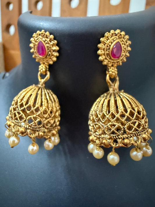 Temple jewelry Jhumka with red center stone and pearl hanging