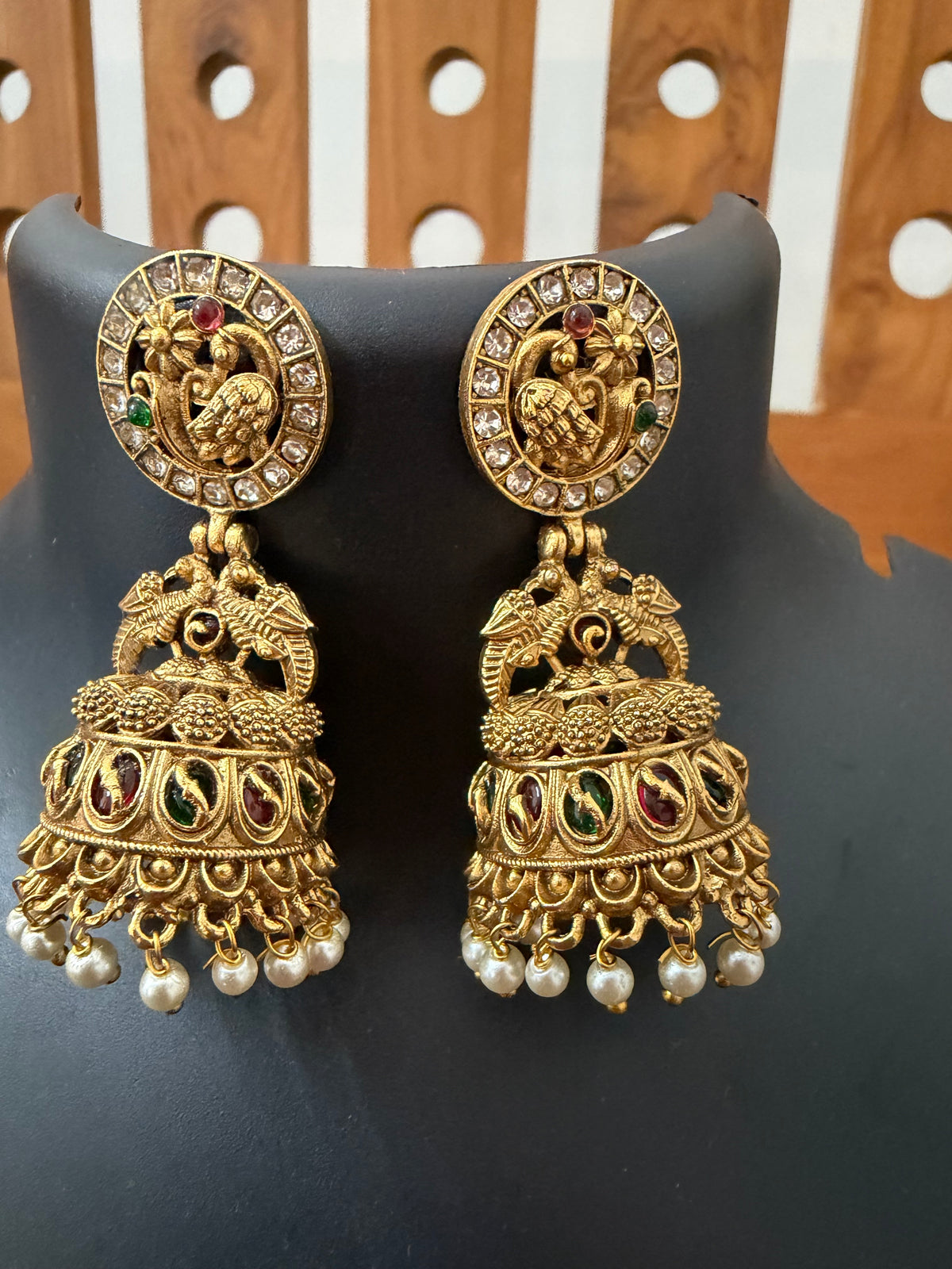 Peacock Antique Jhumka with pearl hanging Temple jewelry