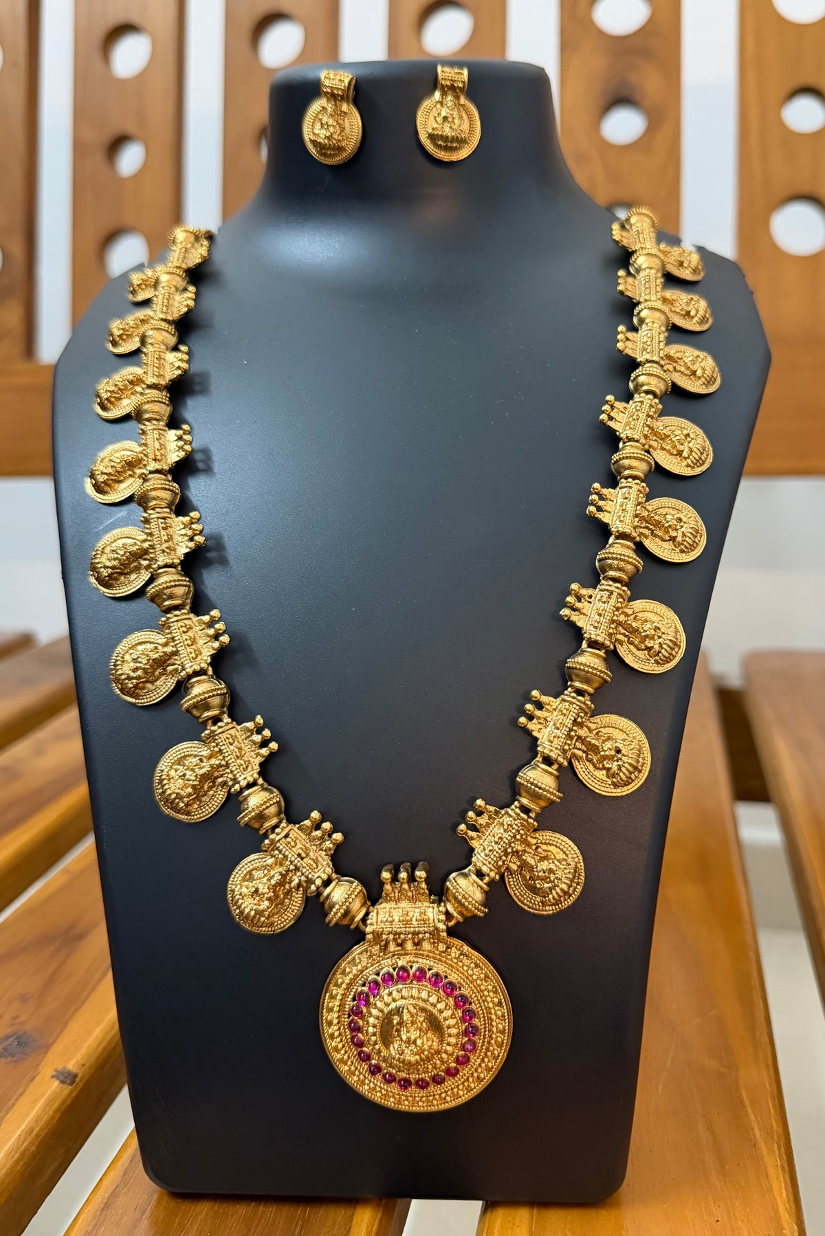 Premium Lakshmi Coin Haram - Big Round Lakshmi Pendant with Ruby Kemp