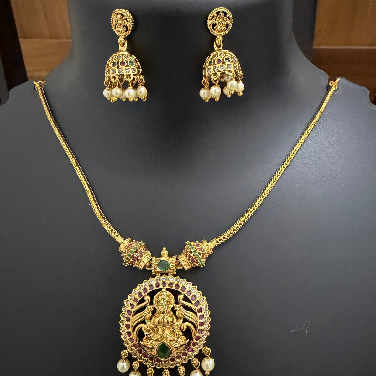 Mahalakshmi Temple Necklace Set with Ruby, Emerald & Pearl Jhumkas