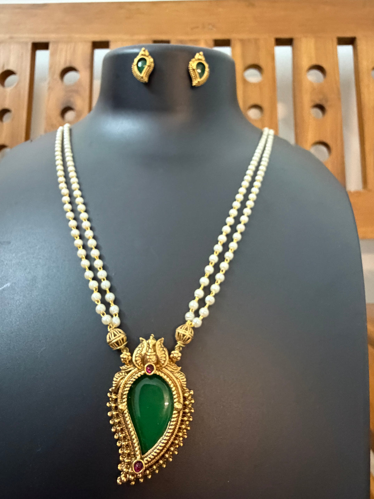 Kerala Pearl Long Haram with Green Mango Pendant - Double Layer White Pearl Haram with Palakka Pendant & Earrings