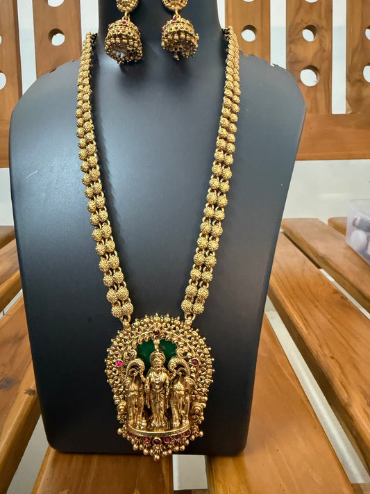 Gaja Lakshmi Temple Long Haram - Double Ball Chain with Big Elephant Lakshmi Pendant & Jhumka