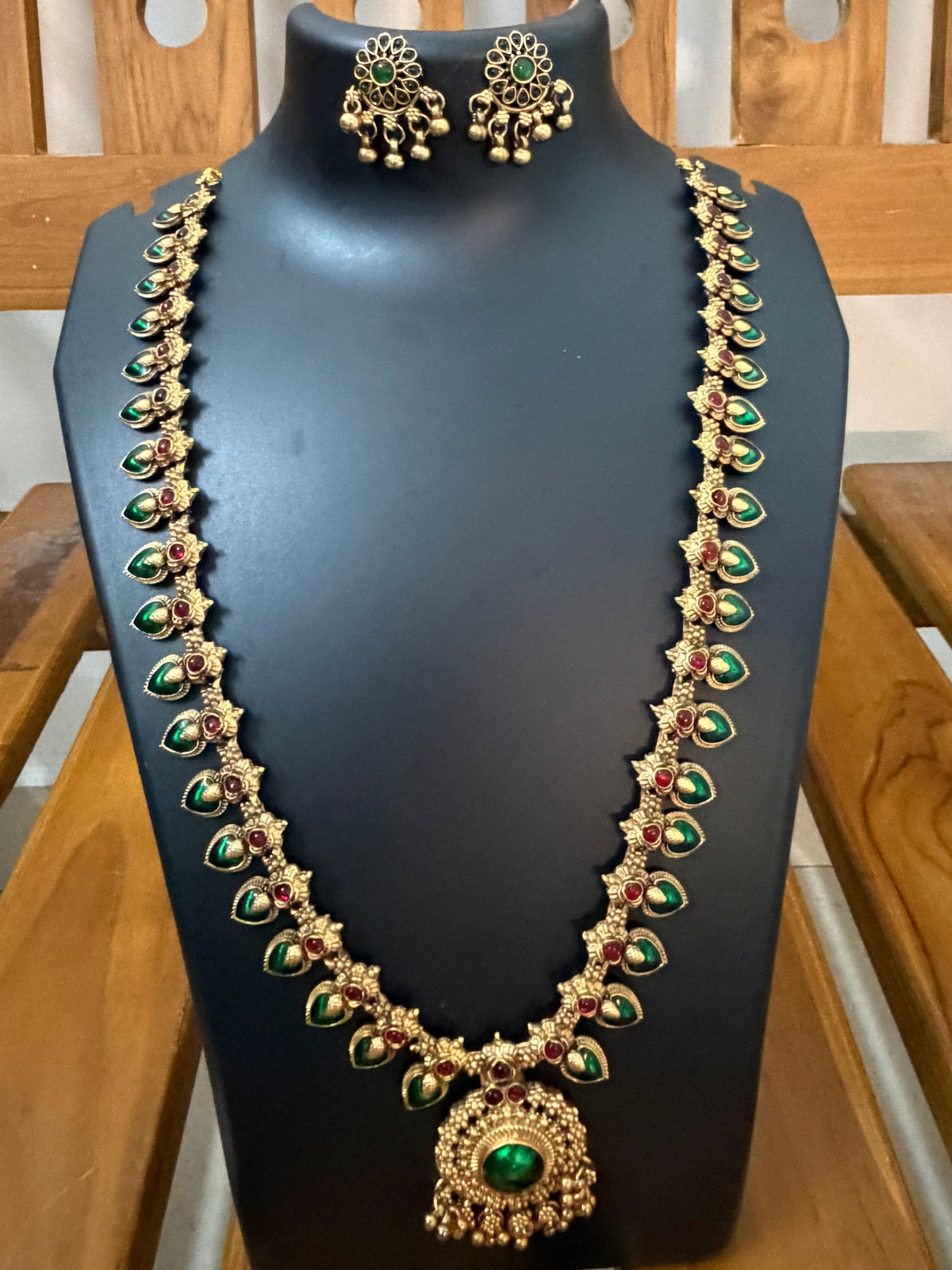 Kerala Green Palakka Mango Long Haram with Big Pendant & Earrings - Antique Temple Long Haram 24 Inch